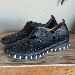 Litfoot Black Open Laser Cut Leather Velcro Closure Walking Sneaker Shoe Size 37